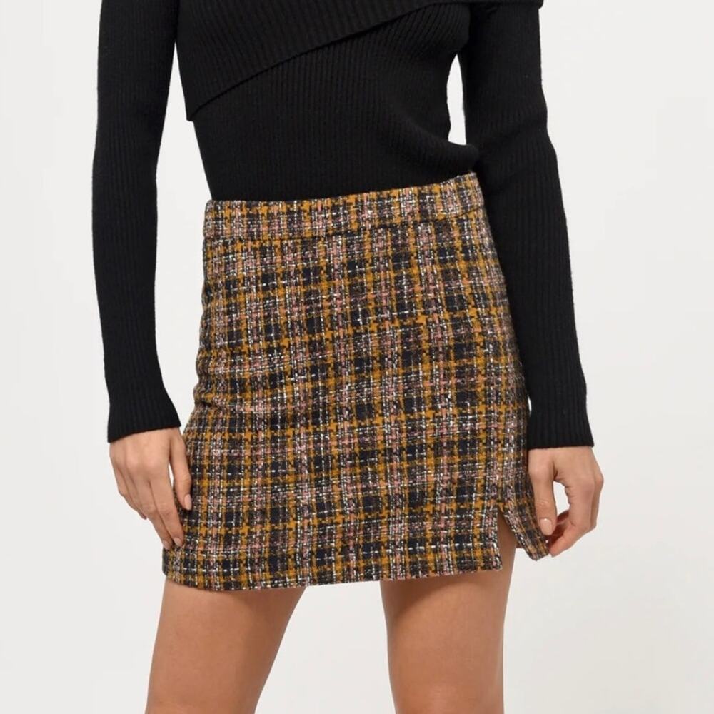 NWT Greylin Black/Orange Tweed Plaid Straight Mini Skirt, size XS